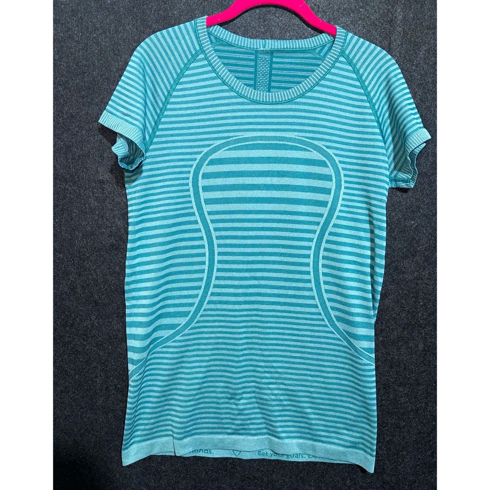Lululemon Swiftly Tech Blue Green Striped Short Sleeve Crew Neck Top Size 10